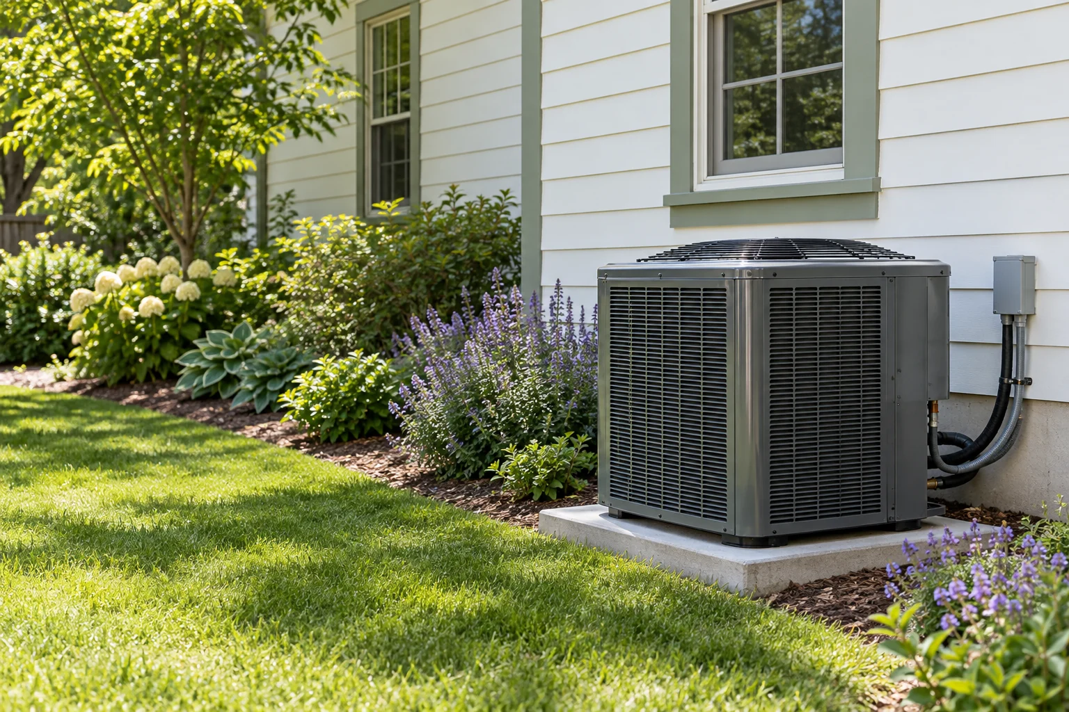 Illustrative residential heat pump beside a home; AI-generated image