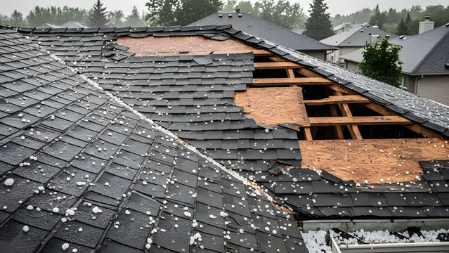 Hail damaged roof shingles with granule loss